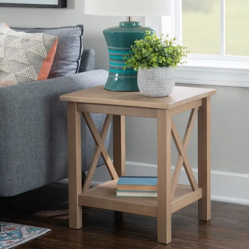 Solid Pine X-Base End Table, Farmhouse Style, 2 Display Surfaces