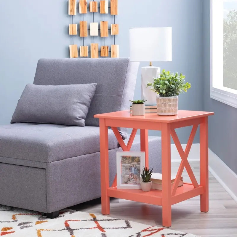 Solid Pine X-Base End Table, Farmhouse Style, 2 Display Surfaces