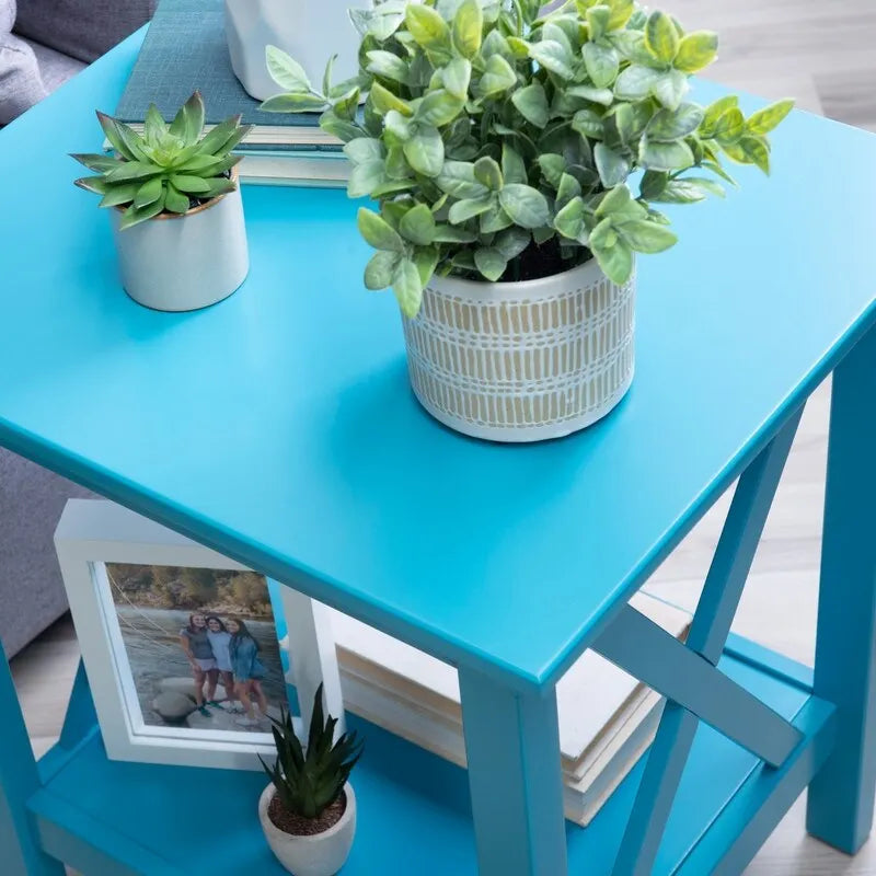 Solid Pine X-Base End Table, Farmhouse Style, 2 Display Surfaces