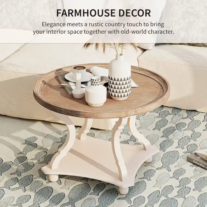 Rustic Farmhouse Coffee Table with Tray Top and Lower Shelf, Distressed Finish
