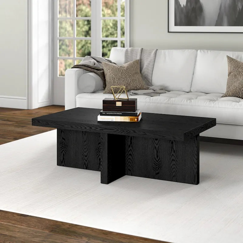 44-Inch Rectangular Coffee Table, Scandinavian X-Base, Wood-Look Finish
