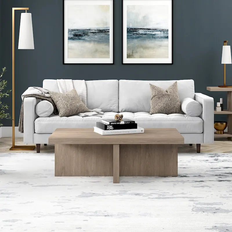 44-Inch Rectangular Coffee Table, Scandinavian X-Base, Wood-Look Finish