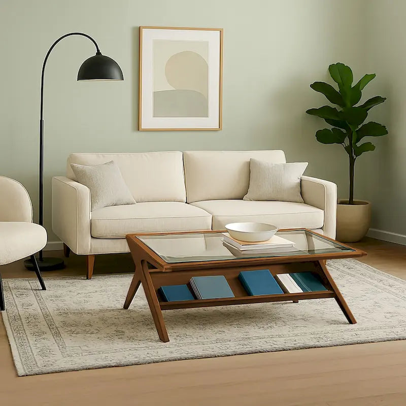 Mid-Century Coffee Table, Tempered Glass Top and Oak Veneer, Open Shelf, 45W x 27D x 16H
