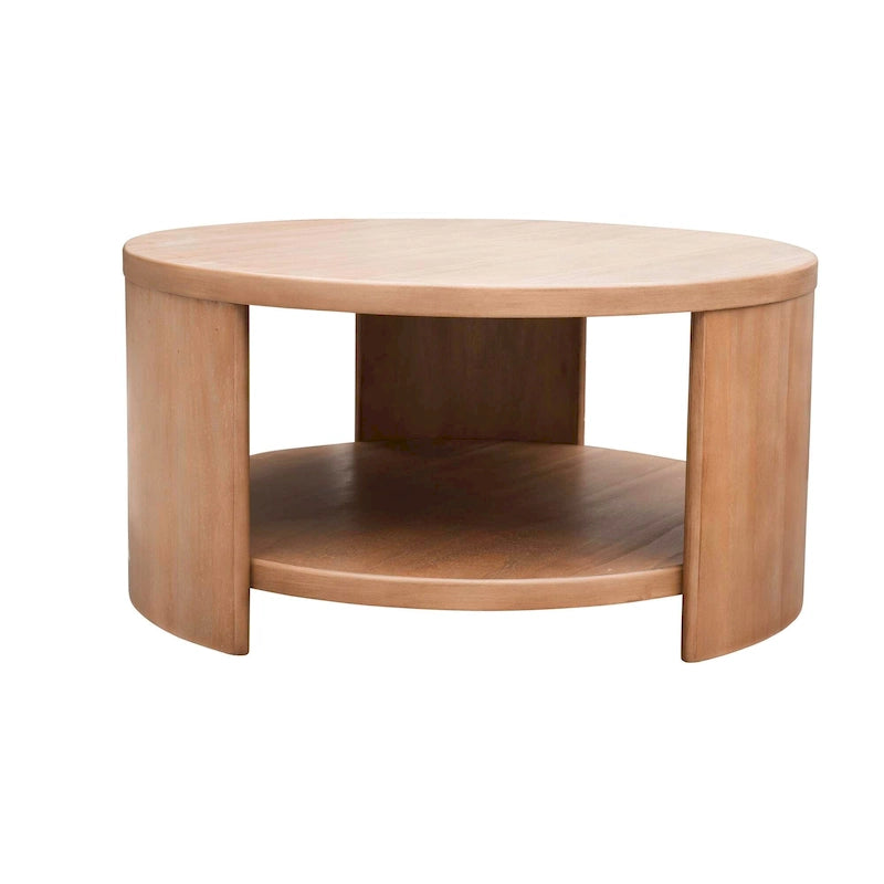 Round Wood Coffee Table with Fixed Shelf, Rubberwood Veneer, 36 Dia x 18H