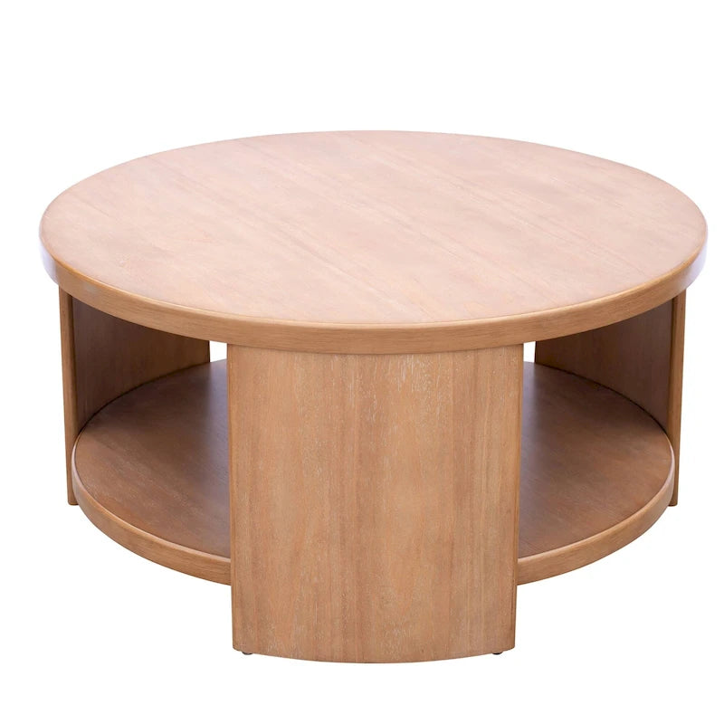 Round Wood Coffee Table with Fixed Shelf, Rubberwood Veneer, 36 Dia x 18H