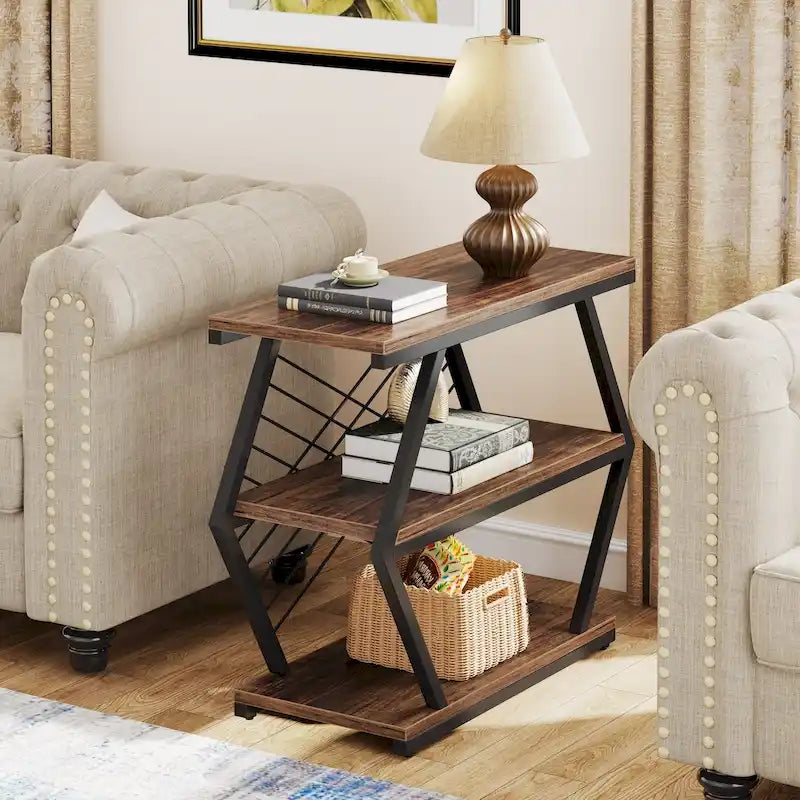 3-Tier Industrial End Table with Open Shelves, Rustic Wood and Metal