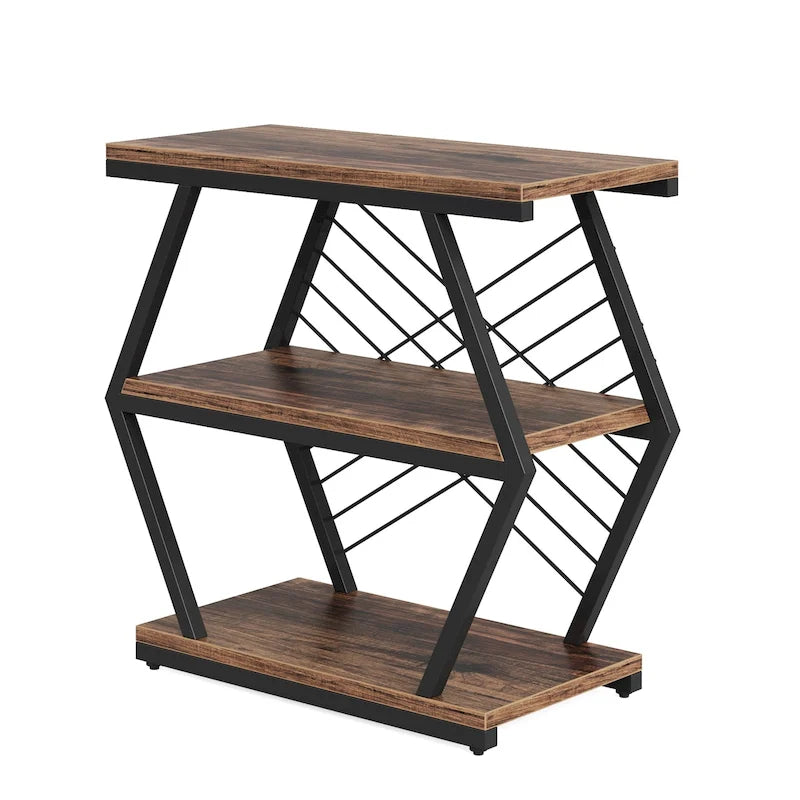 3-Tier Industrial End Table with Open Shelves, Rustic Wood and Metal