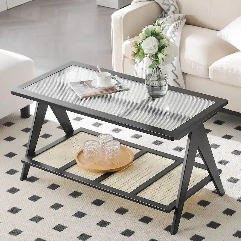 Bamboo Glass Top Side Table Accent End Table with Magazine Rack
