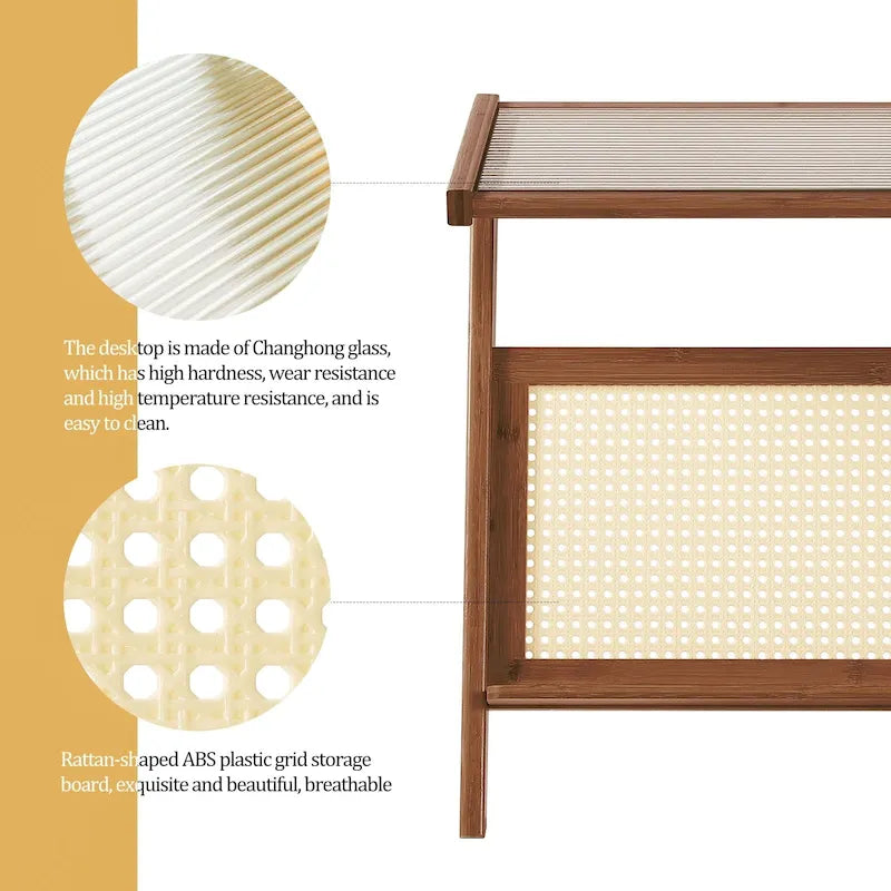 Bamboo Glass Top Side Table Accent End Table with Magazine Rack