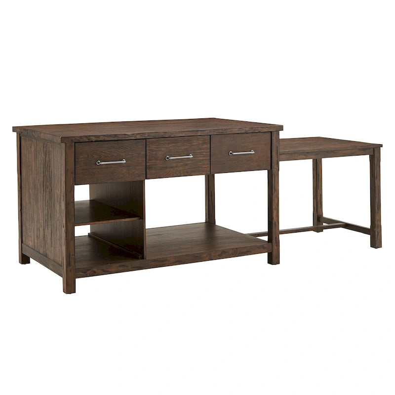 Extendable Kitchen Island with 3 Drawers and Open Shelf, Carbonized Pine