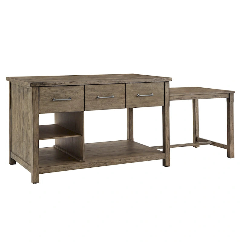 Extendable Kitchen Island with 3 Drawers and Open Shelf, Carbonized Pine