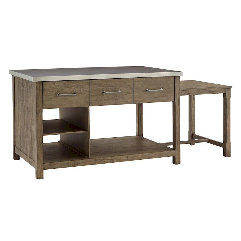 Extendable Kitchen Island with 3 Drawers and Open Shelf, Carbonized Pine