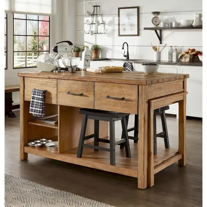 Extendable Kitchen Island with 3 Drawers and Open Shelf, Carbonized Pine