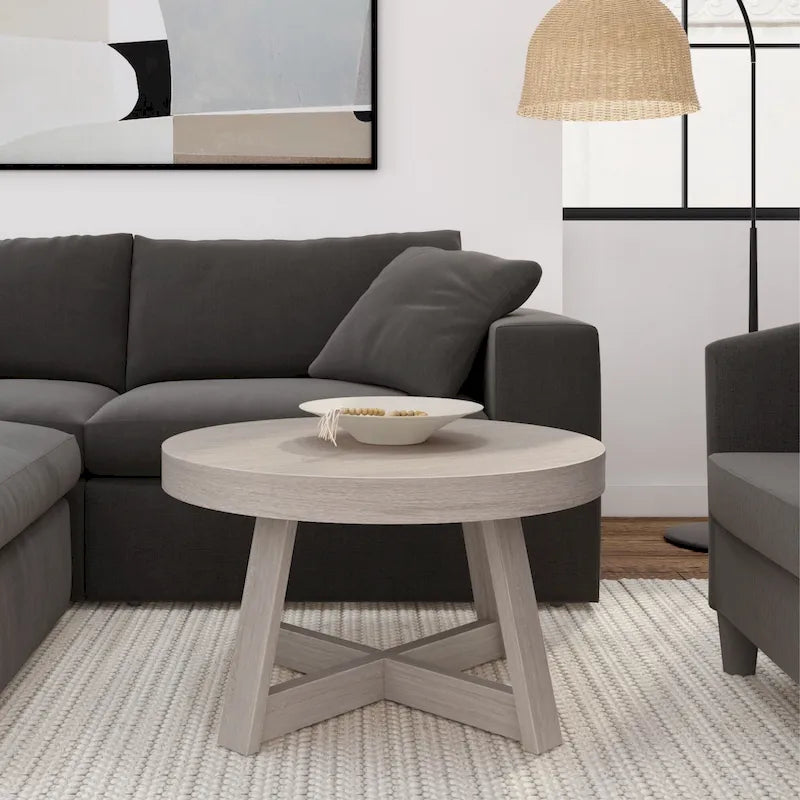 Solid Pine Round Coffee Table, Wirebrush Finish, 30 x 30 x 17.75 Inches