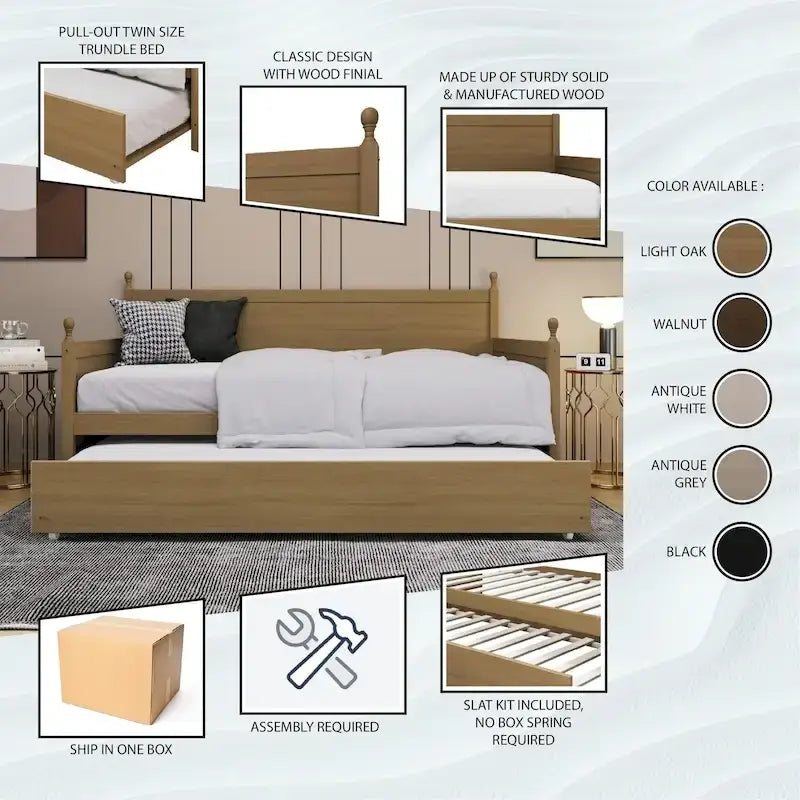 Twin Daybed with Pull-Out Trundle, Solid Rubberwood, 5 Color Options