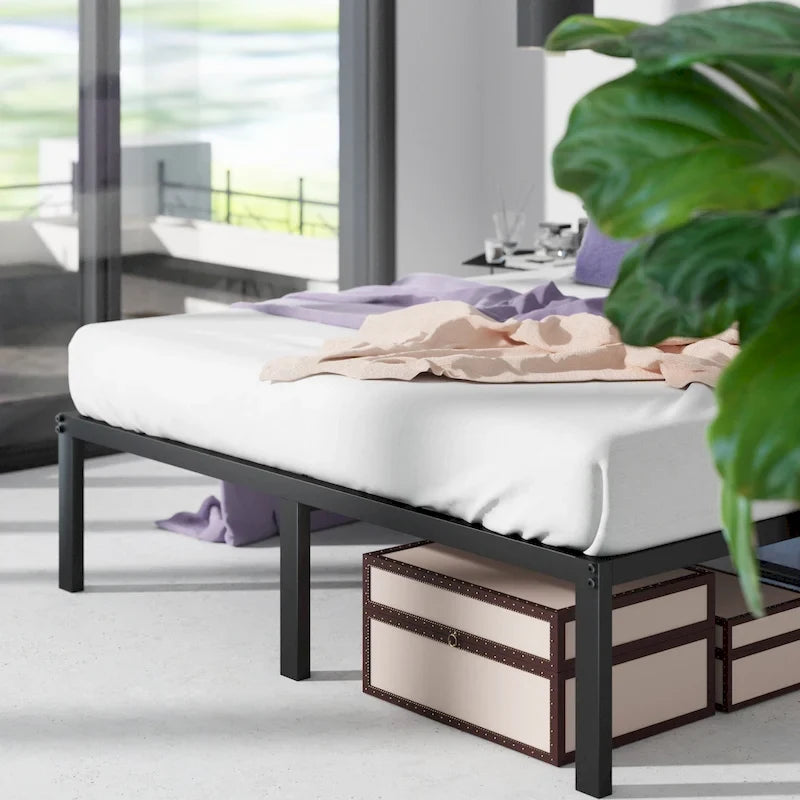 Black Metal Platform Bed Frame, Headboard Compatible, No Box Spring, 5-Year Warranty