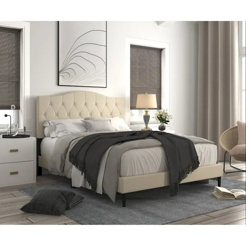 Button-Tufted Upholstered Platform Bed, 4 Colors, Twin to King