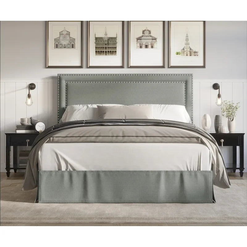 Upholstered Panel Bed with Nailhead Headboard and Bed Skirt, 4 Colors, 4 Sizes