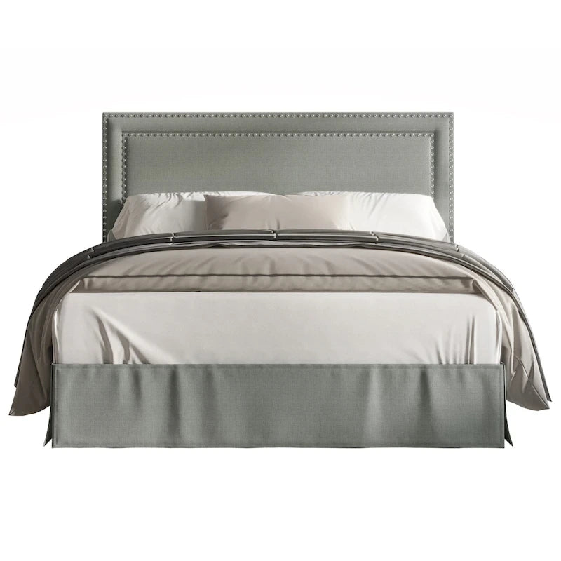 Upholstered Panel Bed with Nailhead Headboard and Bed Skirt, 4 Colors, 4 Sizes