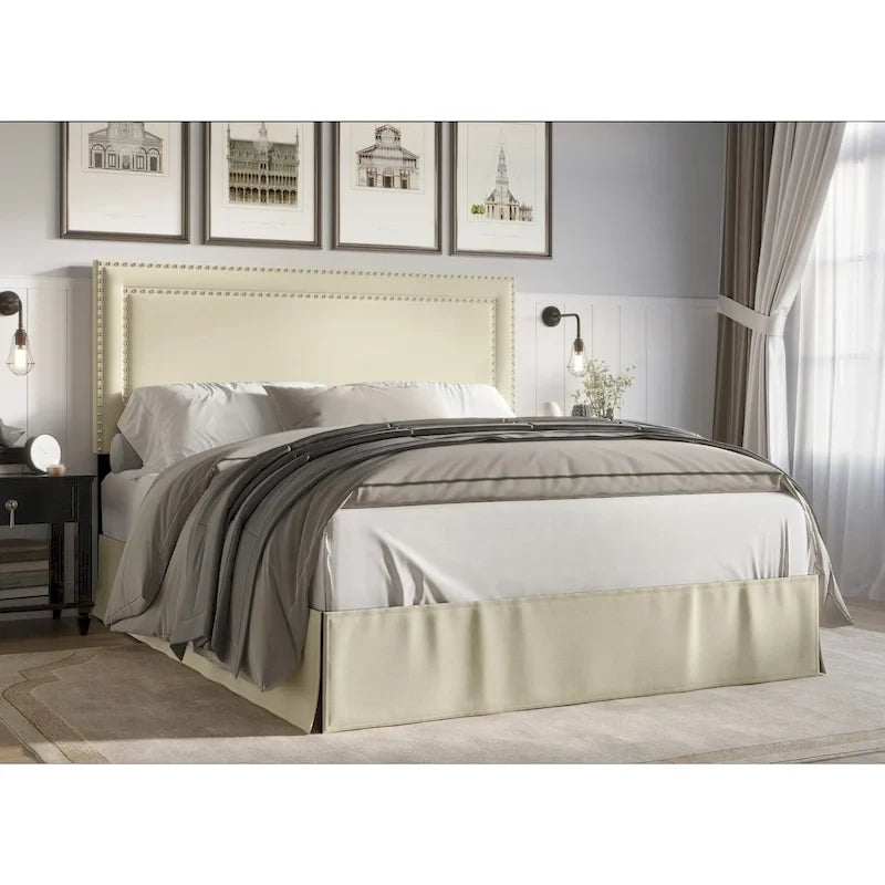 Upholstered Panel Bed with Nailhead Headboard and Bed Skirt, 4 Colors, 4 Sizes