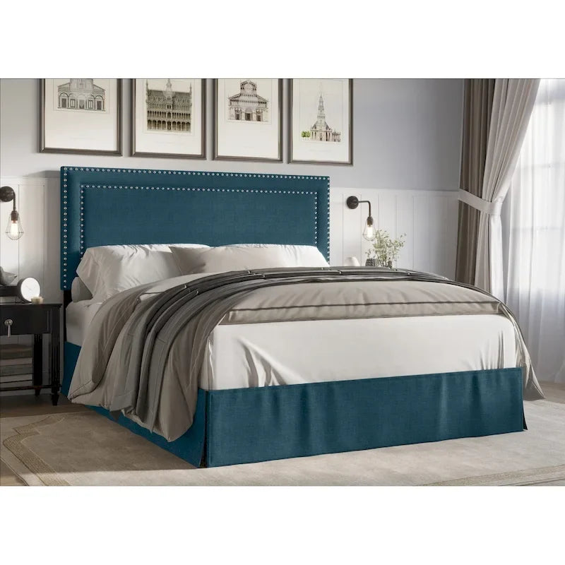 Upholstered Panel Bed with Nailhead Headboard and Bed Skirt, 4 Colors, 4 Sizes