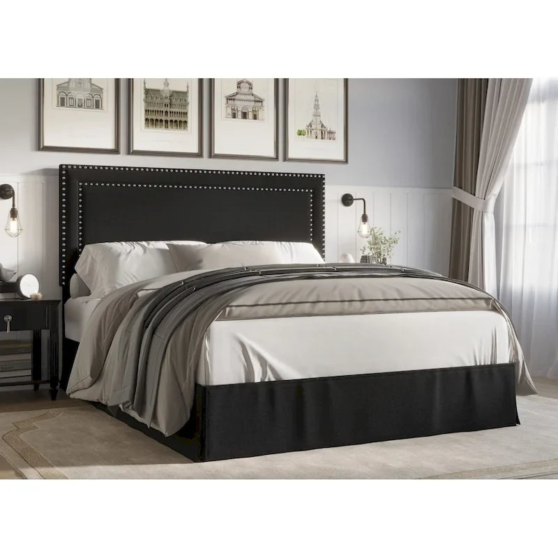 Upholstered Panel Bed with Nailhead Headboard and Bed Skirt, 4 Colors, 4 Sizes