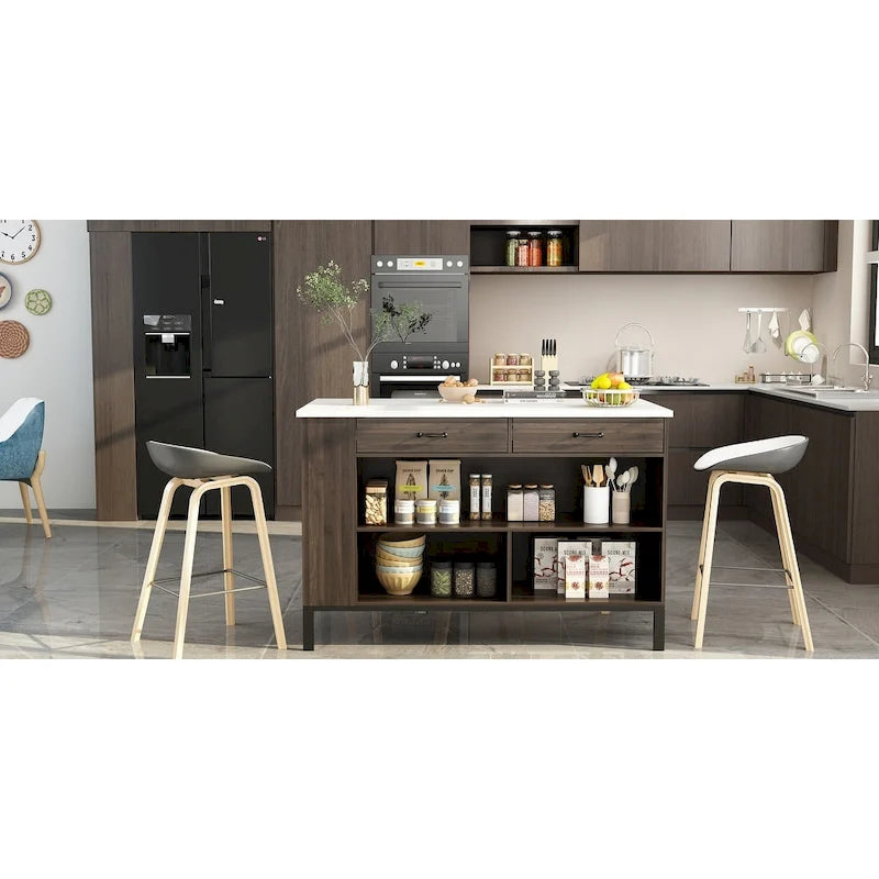 Kitchen Island with Storage Drawers and Open Shelves, Large Workspace