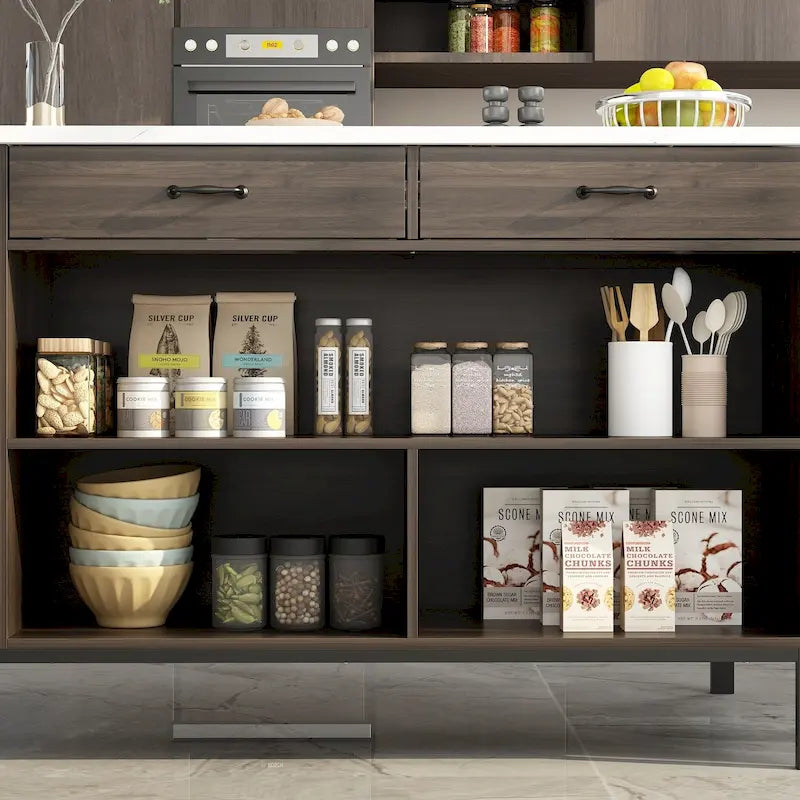 Kitchen Island with Storage Drawers and Open Shelves, Large Workspace