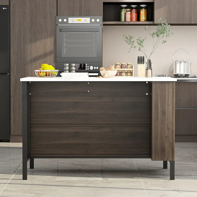 Kitchen Island with Storage Drawers and Open Shelves, Large Workspace