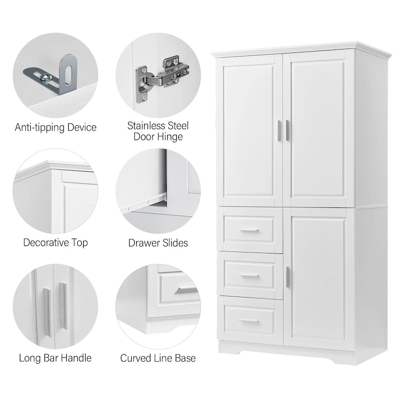 Tall and Wide Storage Cabinet with Doors,Three Drawers