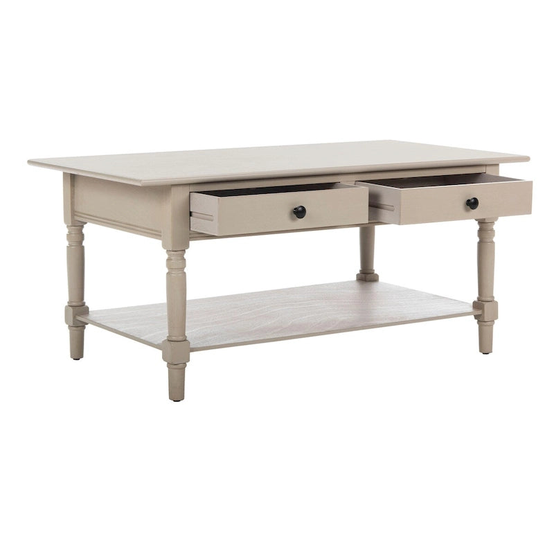 Grey 2-Drawer Coffee Table, Farmhouse Pine Wood, 42W x 22D x 19H Inches