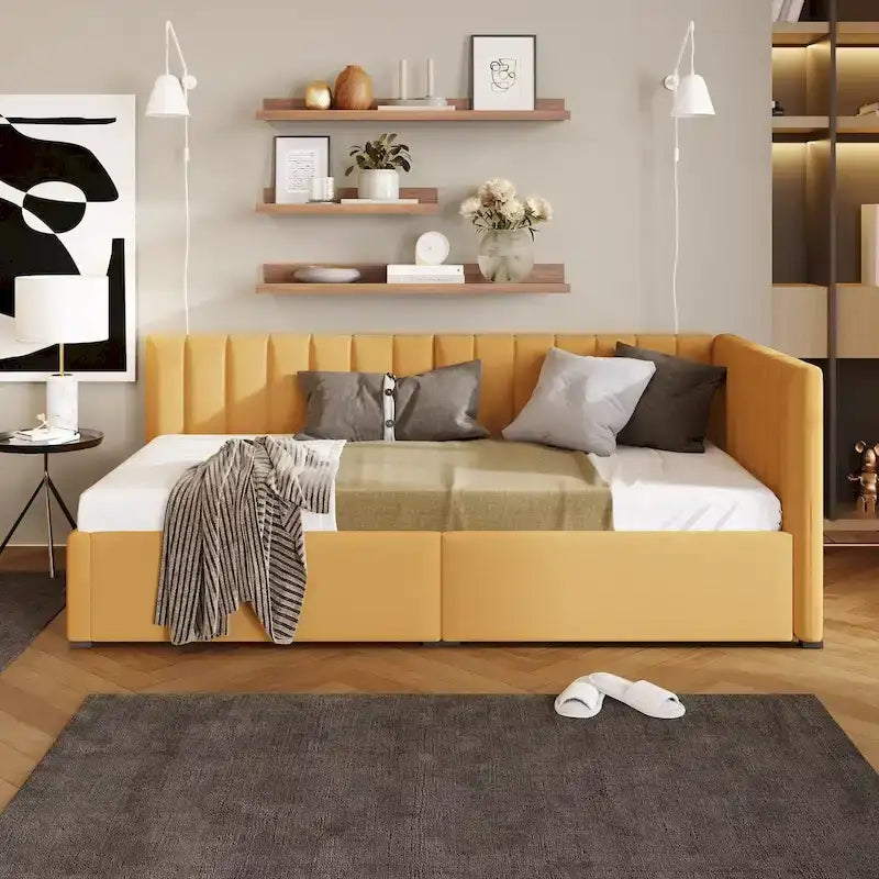 Linen Upholstered Daybed with 2 Storage Drawers and Backrest, No Box Spring