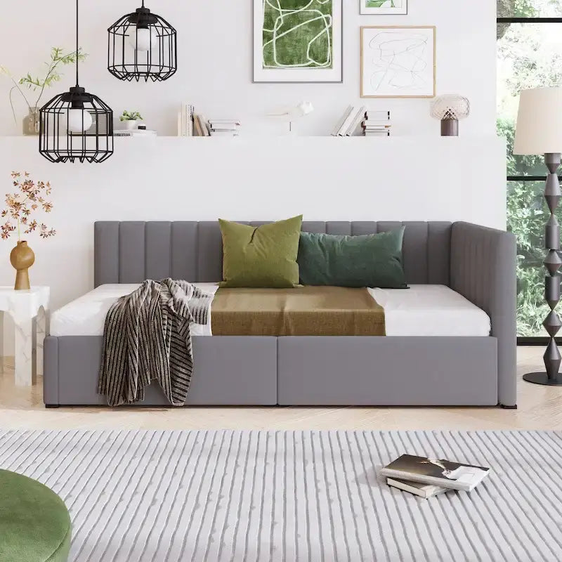 Linen Upholstered Daybed with 2 Storage Drawers and Backrest, No Box Spring