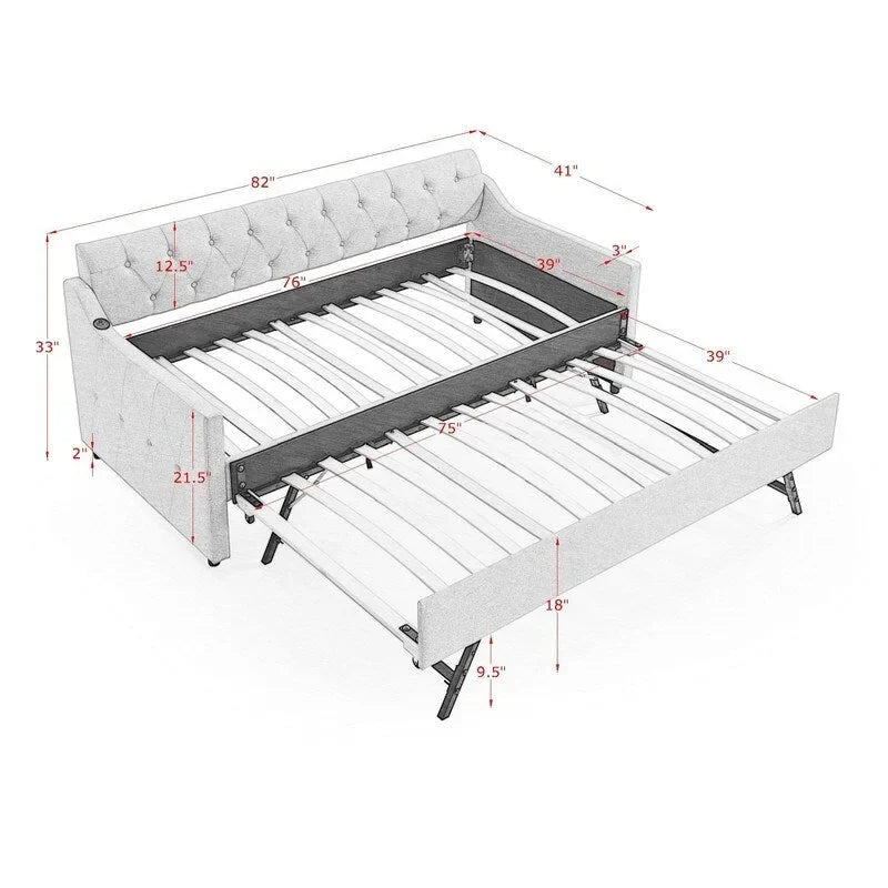 Twin Size Linen Upholstery Daybed with Twin Size Trundle and USB Charging