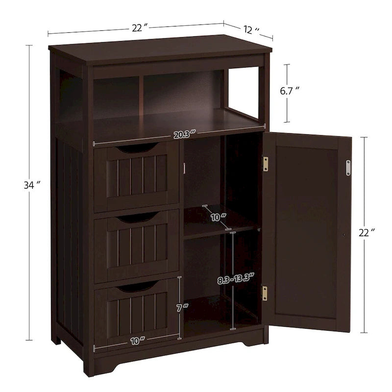 Freestanding Storage Cabinet with 3 Drawers, Open Shelf, and Adjustable Inner Shelf