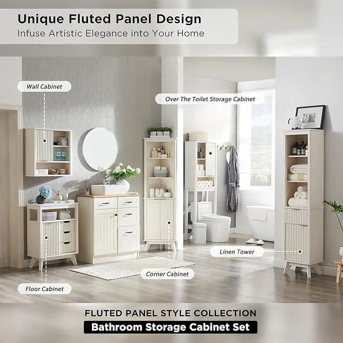 Modern Bathroom Floor Cabinet, Storage Organizer w/Faux Marble Top