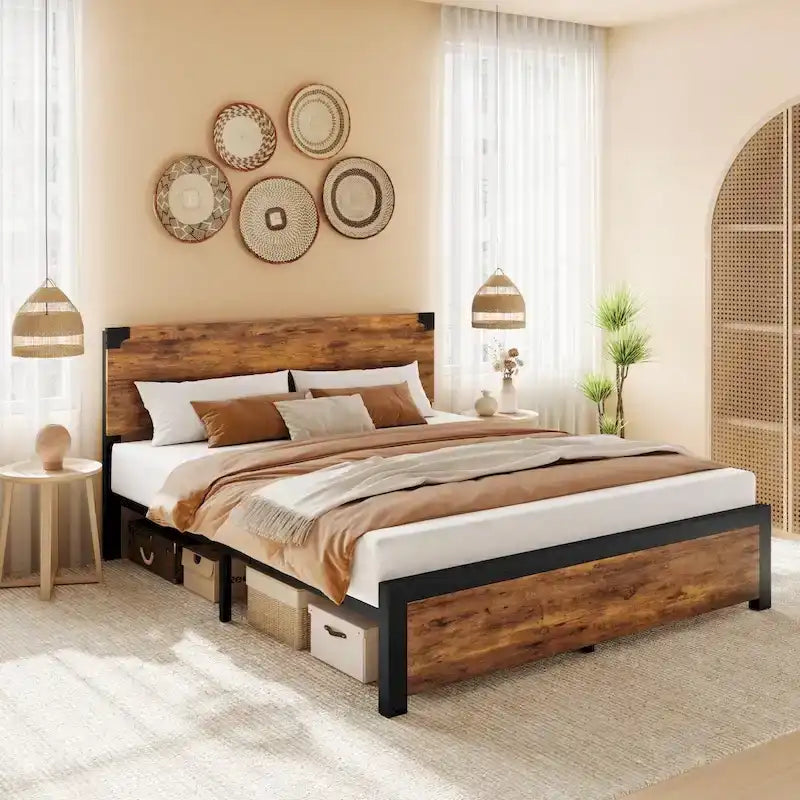 Bed Frame with Wood Headboard, Platform Bed Frame with Under Bed Storage
