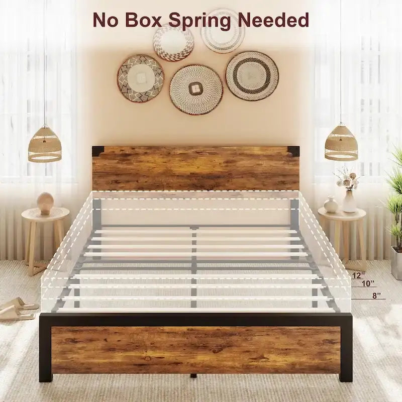Bed Frame with Wood Headboard, Platform Bed Frame with Under Bed Storage